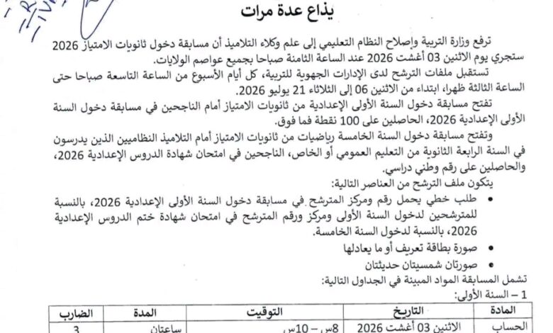 وزارة التربية تحدد موعد تنظيم مسابقة دخول ثانويات الإمتياز و شروط الترشح